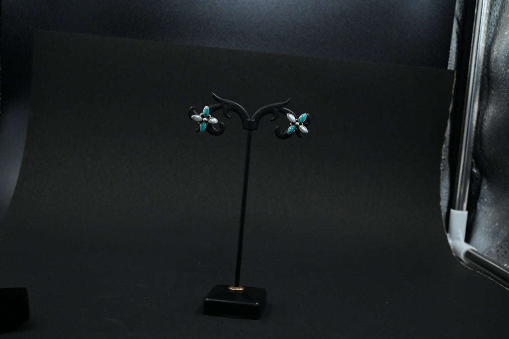 925 Silver flower Stud with Turquoise and fresh water pearl | Studs to Gift Women & Girls | With 925 Stamp & Certificate of Authenticity